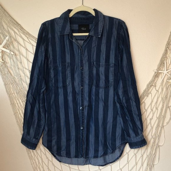Revolve RAILS Carter Button Up Indigo Block Stripe Shirt M - Picture 15 of 15